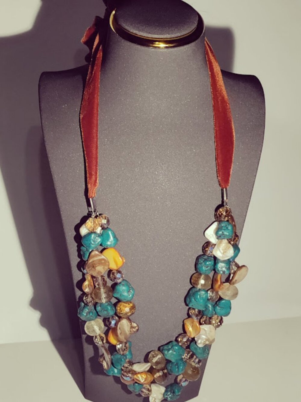 Boho Turquoise Color Beaded Ribbon Tie Necklace
